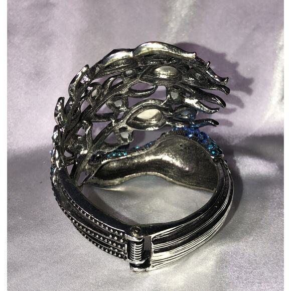 Peacock Bracelet Art Deco Rhinestone Hinged Cuff Wrap Clamp Aqua Blue - Picture 4 of 11